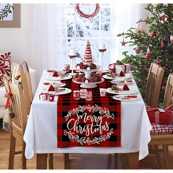 Juleduk - Rød og svart rutete, 33x180 cm, Rektangulær duk Vaskbar duk Flekkbestandig