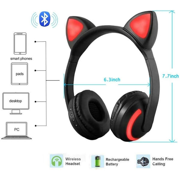 Trådlösa Bluetooth-hörlurar med kattöron och mikrofon, 7 färger LED-ljus