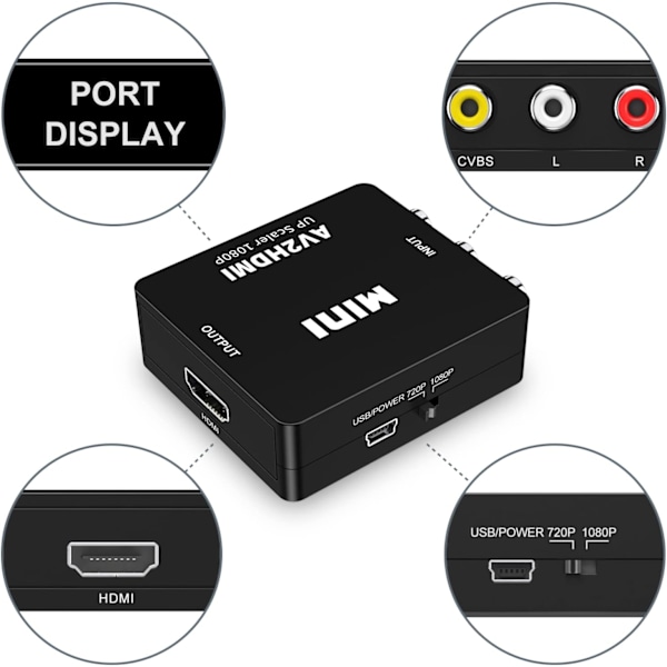 RCA til HDMI, AV til HDMI Konverter, 1080P Mini RCA Komposit CVBS Video Audio Konverter Adapter Understøtter PAL/NTSC for