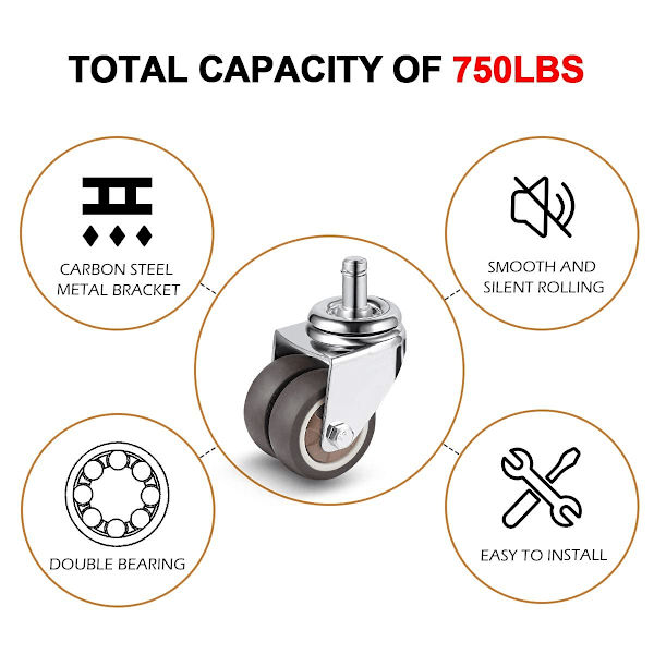 5 kpl 50 mm:n kaksipyöräisiä toimistotuolin pyöriä 11 mm * 22 mm, toimistotuolin pyörät, hiljainen ja tasainen liuku, kääntyvät pyörät