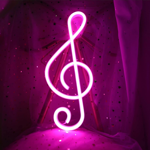 Musiikkisymboli LED-neonvalo - paristo- ja USB-käyttöinen - neonseinävalo tyttöjen huoneeseen, musiikkisymboli, konsertti, baari, juhlakoriste (pinkki)
