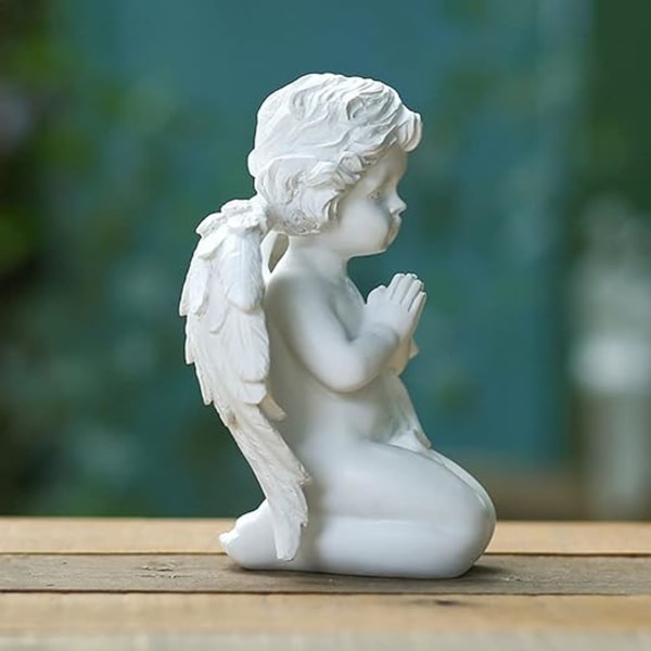 1 lille engelstatue knælende engel harpiks have skulptur