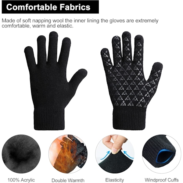 Svart - 1 x vinterhandskar för män och kvinnor, halkfria, varm fleece