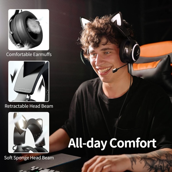 Kattöron-headset, USB-spelheadset med infällbar mikrofon, 7.1 Su