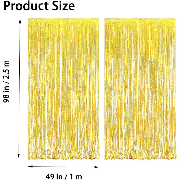 2 stk. Metallisk Gardin (1 x 2,5 m, Gull) Skinnende Frynsegardiner Metallisk Frynse Mesh Gardiner Paljettgardiner Skinnende M