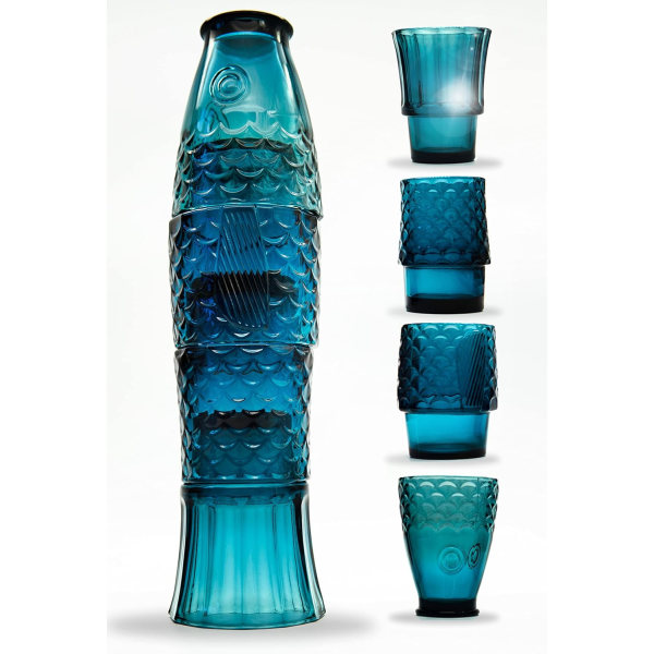 Set med 4 | Hand staplade koi fisk vattenkoppar | Naturligt blått glas