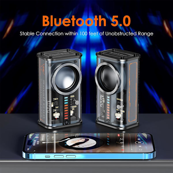 Bärbar Bluetooth-högtalare med lampor, transparent trådlös mini Bluetooth-högtalare med TWS, perfekt liten högtalare HD-ljud och bas för kontor, hem, dusch, rum, cykel, bil (svart)