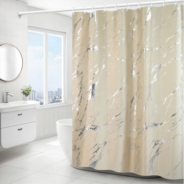 (Beige) Simpelt Sølv Marmoreret Bruseforhæng - 180*180cm, Maskinvaskbart Polyester Bruseforhæng med Vægtet B