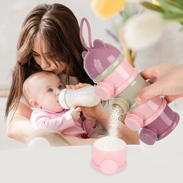 (Pink) Baby Mælkepulver, Bærbar Mælkepulver Dispenser med 4 Rum, Baby Mælkepulver Dispenser Beholder, Snack Opbevaringsbeholder