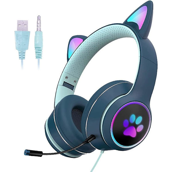 Trådbundet LED-katt-headset för spel, för vuxna och tonåringar, justerbart vadderat huvudband, avtagbar mikrofon, brusreducering och RGB-ljus (blå, USB