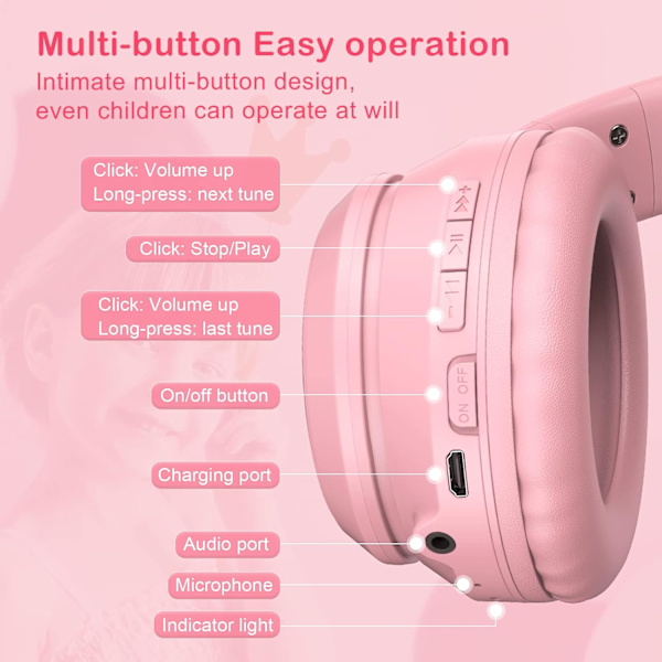 Bluetooth-kattöronhörlurar för barn, trådlöst och trådbundet läge, hopfällbara headset med mikrofon, RGB LED-ljus, för flickor, skolgaming, kompatibla med mobiltelefoner, PC, surfplatta