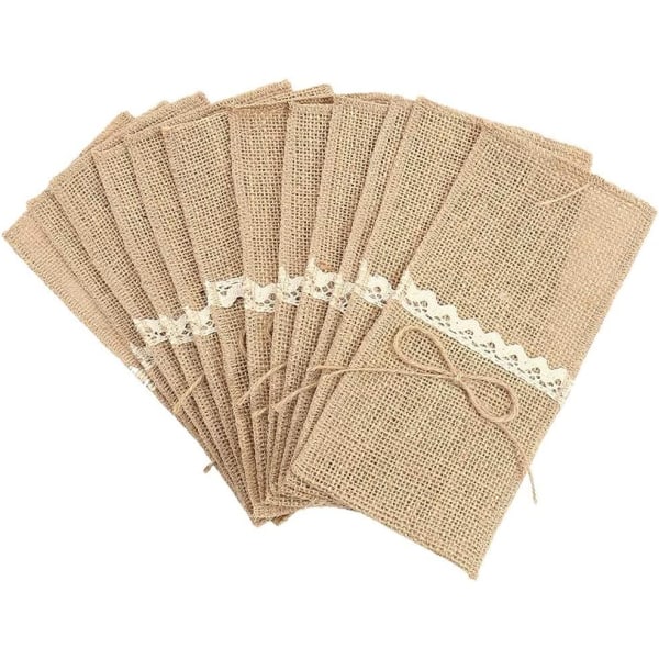 Natural coarse linen lace tableware holder bag, jute napkin