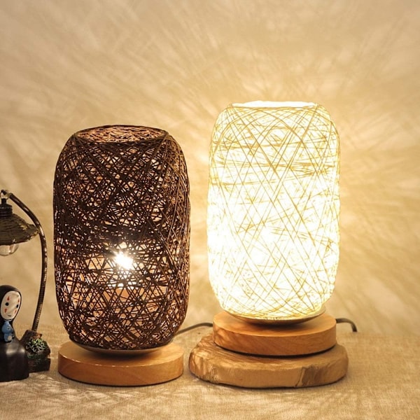 (Farve: Beige) Bordlampe med trækugle af træ, rattan og snor, bordlampe til soveværelse, boligindretning, bordlampe med fuld mørklægning