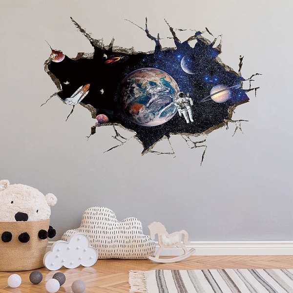 3D Planet Galaxy Astronaut Veggklistremerker, Flyttbare Univers Ytre Rom Romskip Utsikt Vindu Veggklistremerker for Barn Barnerom Stue Dekor