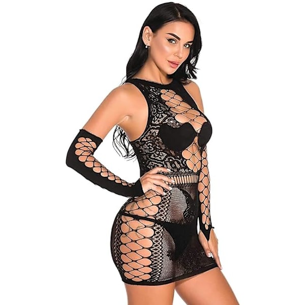 1 stycke (Svart) Damunderkläder Fiskgarn Set Chemise + Ärm