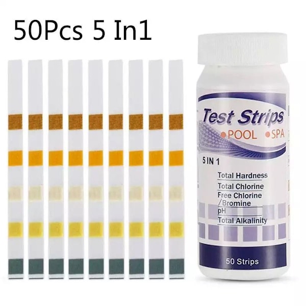 50 stk 5 i 1 Testpapir for Svømmebasseng, Total Hardhet, Totalt Klor, PH-verdi, Totalt Klor Deteksjon, Alkali Fri, Brom Fri, 5 i 1
