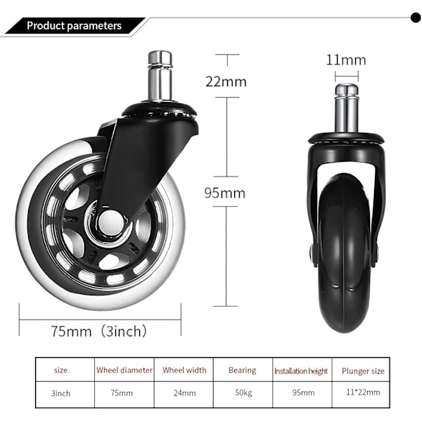 Pakke med 5 (3 tommer 11X22mm) Universelle Erstatningshjul for Kontorstol Stillegående og Slitesterk Universa