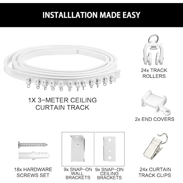 Takskena för Gardin (3m), Flexibel Vikbar Skjutbar Rumsavdelare, Böjt Takskensystem med Clips, 2.9m Pla