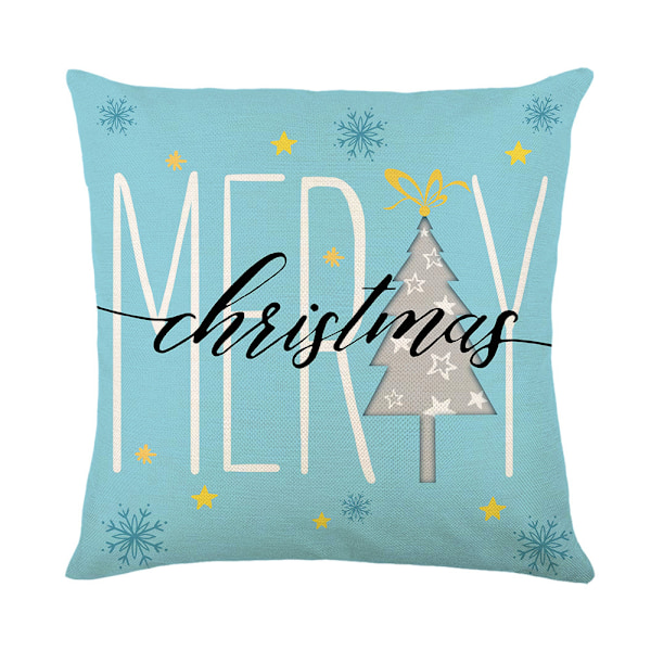 Set med 4 Julkuddfodral, Blå och Beige, Trädgårdsdekoration, God Jul Bomull Linne Kuddfodral, 45 x 45