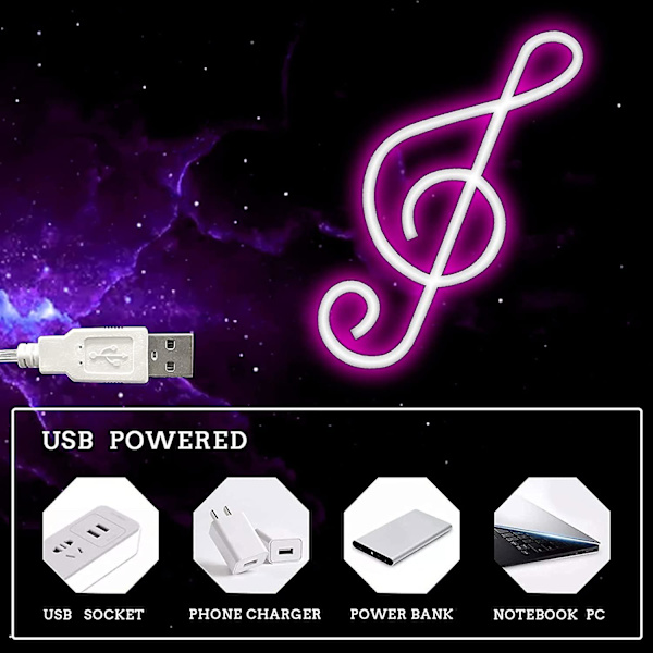 Musiikkisymboli LED-neonvalo - paristo- ja USB-käyttöinen - neonseinävalo tyttöjen huoneeseen, musiikkisymboli, konsertti, baari, juhlakoriste (pinkki)