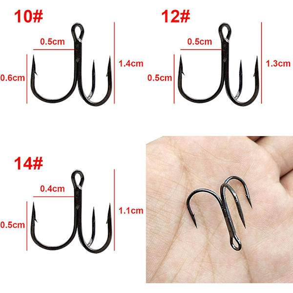 50 st 35647 hameçons de pêche aigus en acier à haute teneur en carbone noir petit coude rond Triple dur leurre cuillère hameçon taille 2 4 6 8 10 12 14