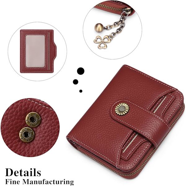 Liten damplånbok, äkta läder, med myntfack, liten dragkedja, plånbok, korthållare med RFID-blockerare, Cp-Maroon, modern