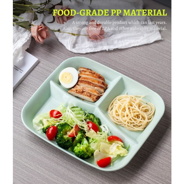 Set med 4 Okrossbara Tallrikar 3 Fack, Återanvändbar Portionsdiet, Lättviktig, BPA-fri för Vuxna och Barn