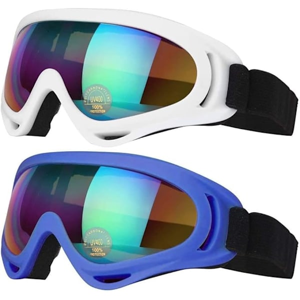Sett med 2 ski- og snowboardbriller (Blå og Hvit) med UV-beskyttelse, vindtett, antirefleks for menn, kvinner, ungdom