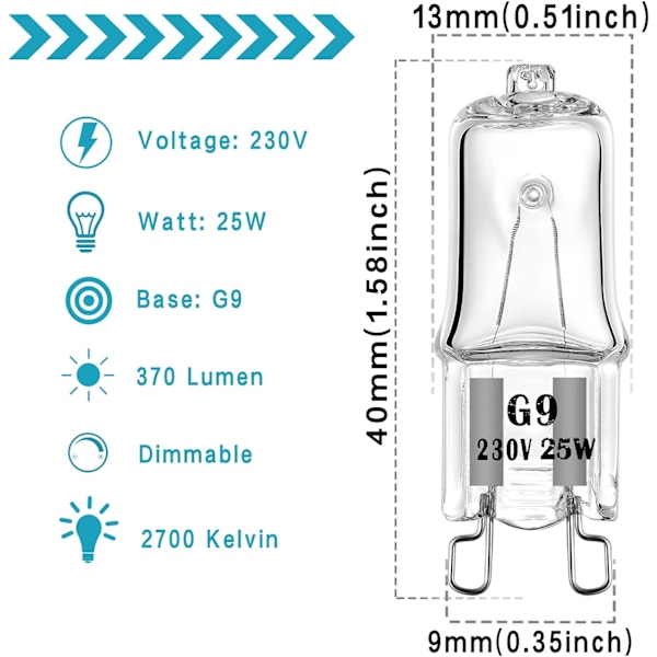 4 kpl G9-halogeenilamppua uunilamppuun 25W 230V toleranssilla 300°C
