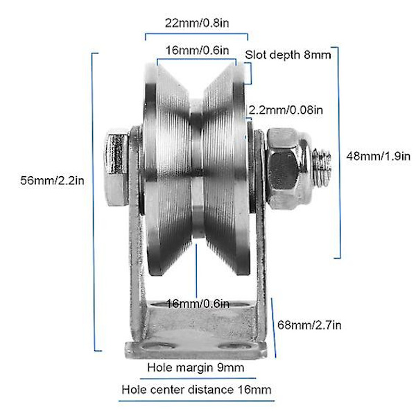 2 stk. rustfrit stål løftehjul, enkelt V-hjul til kabel, 48 mm remskive med lejer, belastningskapacitet 180 kg, til port skinne, kabel, rulleport
