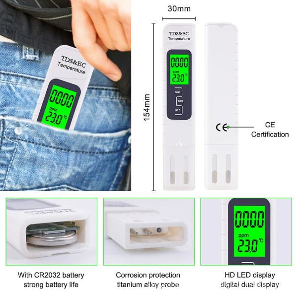 Ph & Tds Meter, 2 i 1 Tds Ph Vannkvalitetstester, 0-14 Ph Målenøyaktighet, 1 Ppm Oppløsning, 2% Les nøyaktighet, Sett 0-9990 Ppm, For Svømming