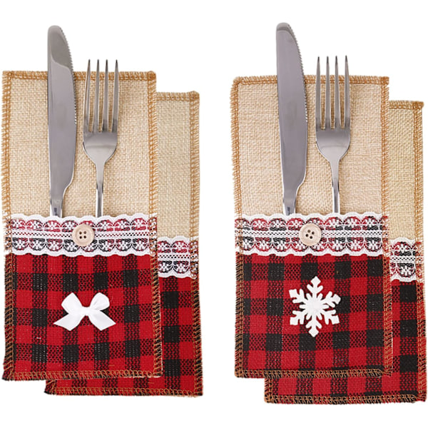 12-pak Julebestikposer - Rød og Sort Plaid Linned, Køkkenbestikholder, Julebestikposer, Hjemmebord
