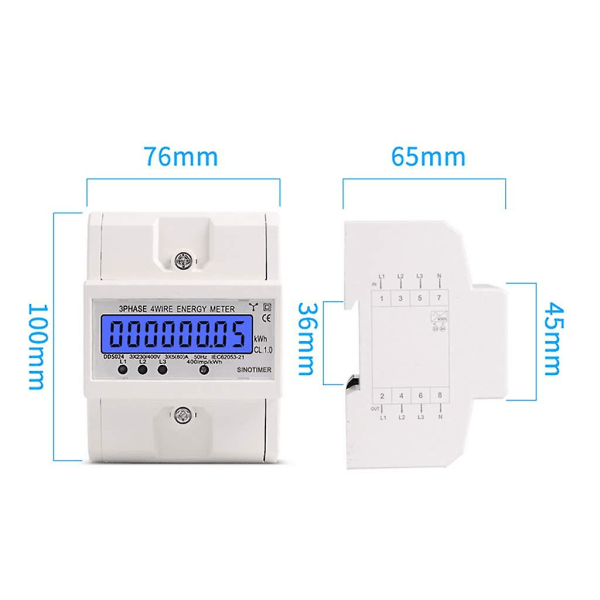 Energimåler, digital LCD 80A 3-faset 4-leder DIN-skinne elektronisk kWh energimåler