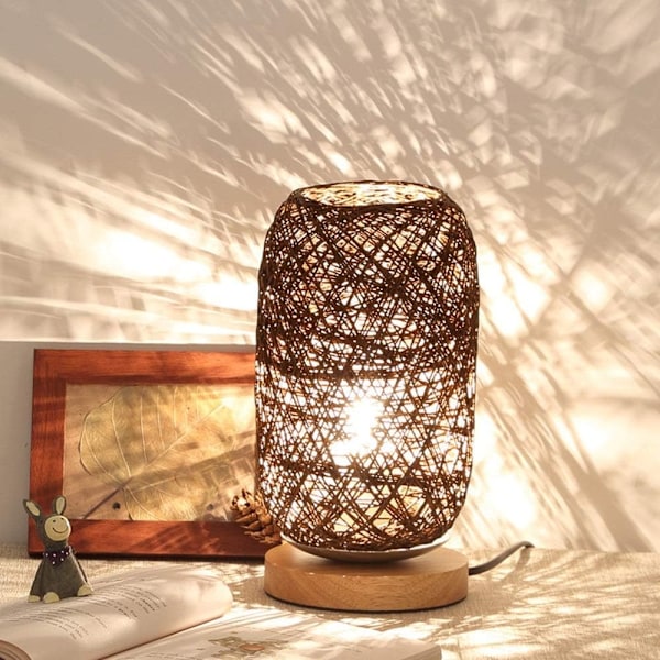 (Farve: Beige) Bordlampe med trækugle af træ, rattan og snor, bordlampe til soveværelse, boligindretning, bordlampe med fuld mørklægning