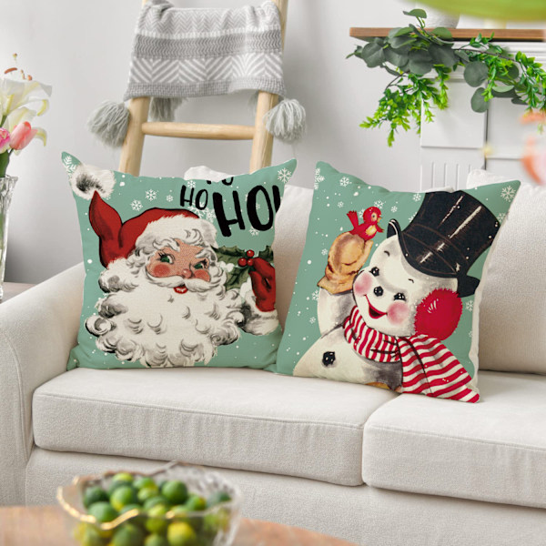 Set med 4 Julkuddfodral, Snögubbe, Trädgårdsdekoration, God Jul Bomull Linne Kuddfodral, 45 x 45 cm