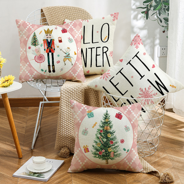 4-pack Jul Kuddfodral 45x45cm Rosa Julgran Fyrkantigt Örngott Soffa Kudde Skydd Heminredning