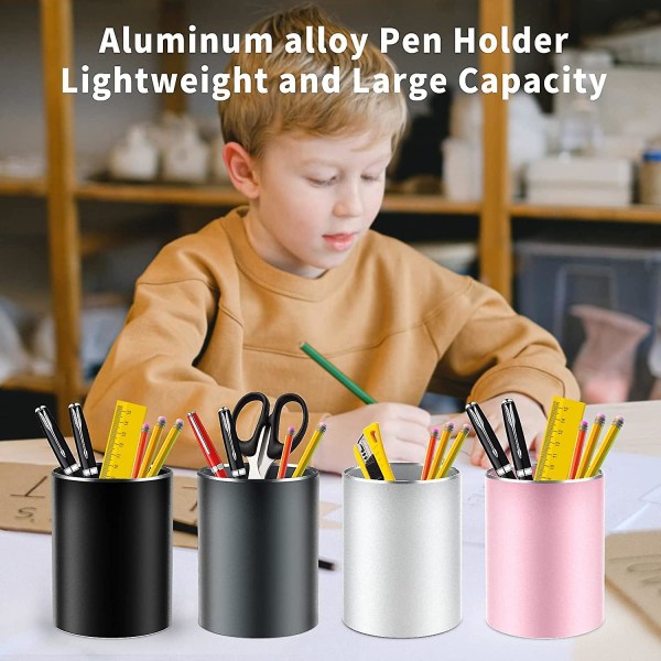 Kontor blyantsholder, kontoropbevaring rund metal og aluminium organizer til kontor, skole, hjem og børn, skridsikker silikonebund