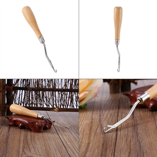 En bit virkad sticknål med trähandtag krokprocess