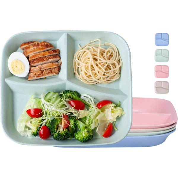 Set med 4 Okrossbara Tallrikar 3 Fack, Återanvändbar Portionsdiet, Lättviktig, BPA-fri för Vuxna och Barn