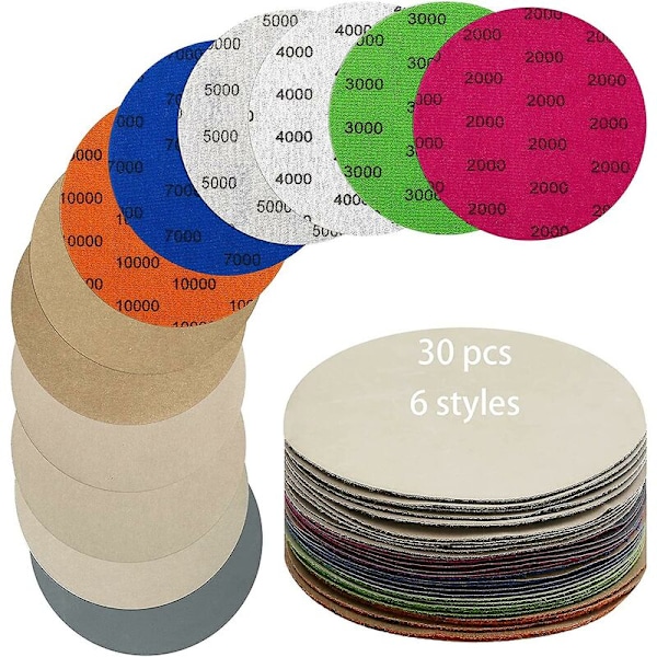 30 kpl 125 mm hiomapaperi hiomalaikka karkeus 2000/3000/4000/5000/7000/10000 märkä/kuiva hiomapaperi metallin kiillotukseen,