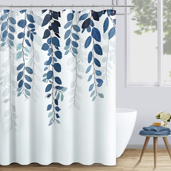 Bruseforhæng 180 x 180 cm blåt blad bruseforhæng vandtæt trykt polyester bruseforhæng