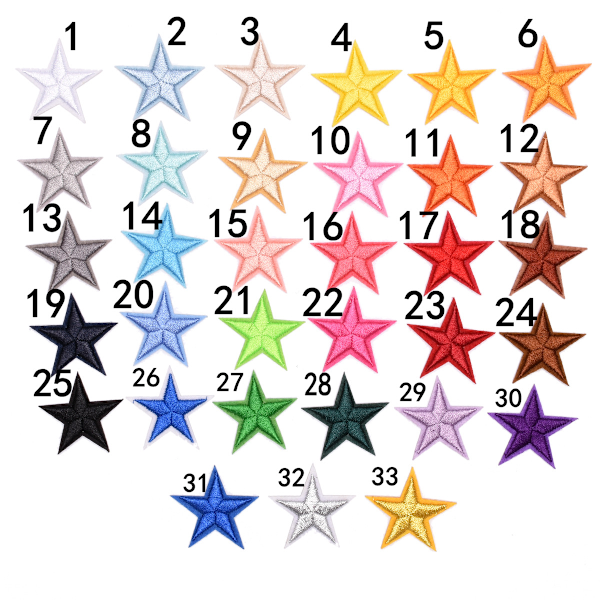 33 flerfarvede pentagram broderede mærker 3,5 cm,