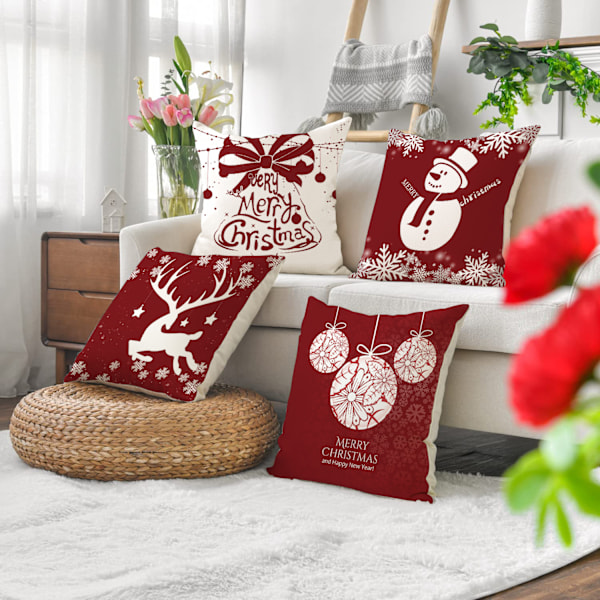 Jul Kuddfodral Set om 4, Älg Snögubbe Trädgårdsdekoration, God Jul Bomull Linne Kuddfodral, 45 x 45 cm