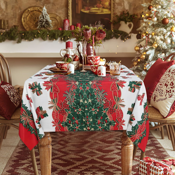 Julbordsduk Rektangulär - 152x178 cm Holly Ribbon Mönster Skrynkelfri Tvättbar Julbordsduk för