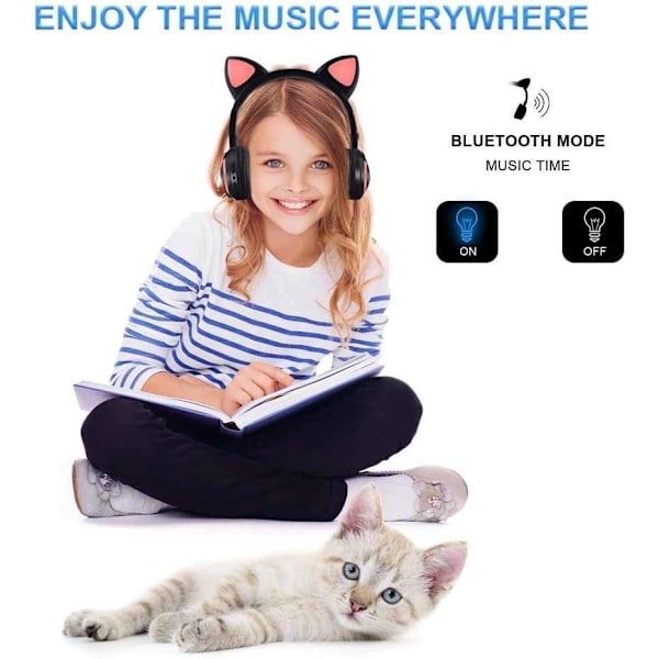 Trådløse Bluetooth-hodetelefoner med katteører og mikrofon, 7 farger LED-lys