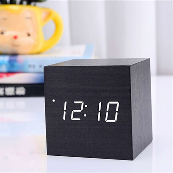 (sort, 6x6x6cm) LED Digital Vækkeur, Træ Cube Ur, Træ Bordur, Træ Vækkeur, Stemmestyret Cube