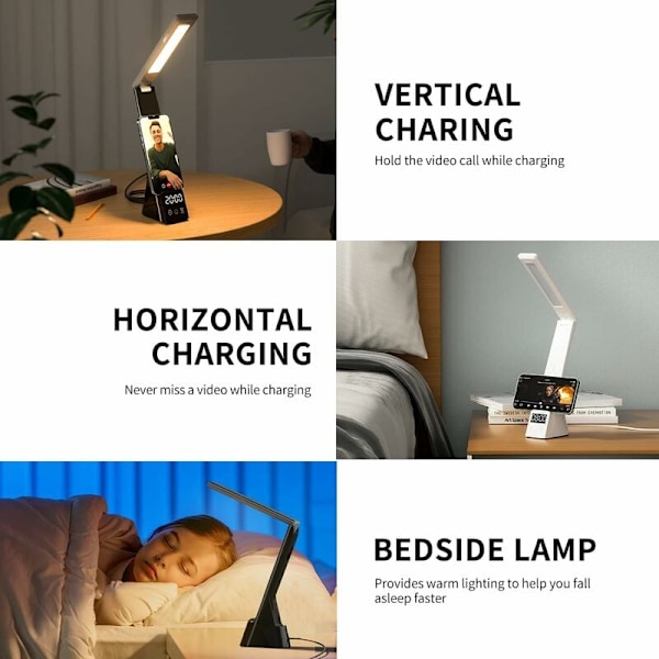 LED Skrivebordslampe med Trådløs Lader 3-i-1 Hurtigladestasjon, Berøringskontroll Skrivebordslampe med Timer
