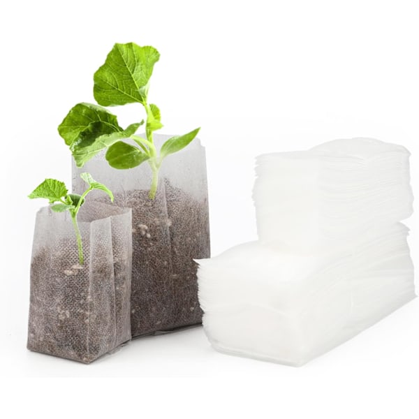 200 biologisk nedbrydelige non-woven poser (16 x 20 cm + 8 x 10 cm) til dyrkning af plantefrøplanter.