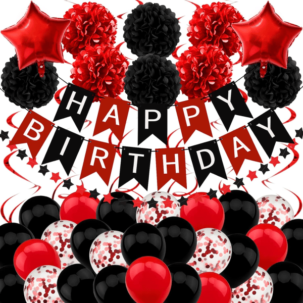Svarta och röda födelsedagsdekorationer, Grattis på födelsedagen