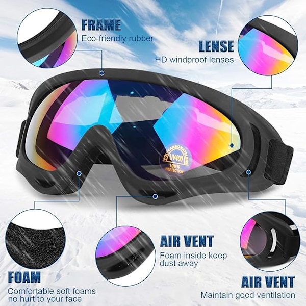 Sett med 2 ski- og snowboardbriller (Svart og Hvit) med UV-beskyttelse, vindtett, antirefleks for menn, kvinner, ungdom